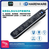 Masterplug SRGLSU42PB-MPA 4-Gang Surge Protected Extension Lead | 2 USB 3.1A (2m)