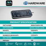 Masterplug SRGSUTC82PBMPA 8-Gang Surge Protected Power Strip | 2 USB