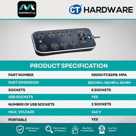 Masterplug SRGSUTC82PBMPA 8-Gang Surge Protected Power Strip | 2 USB