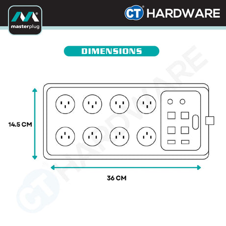 Masterplug SRGSUTC82PB-MPA Surge Protected Power Strip 8-Gang | 2 USB