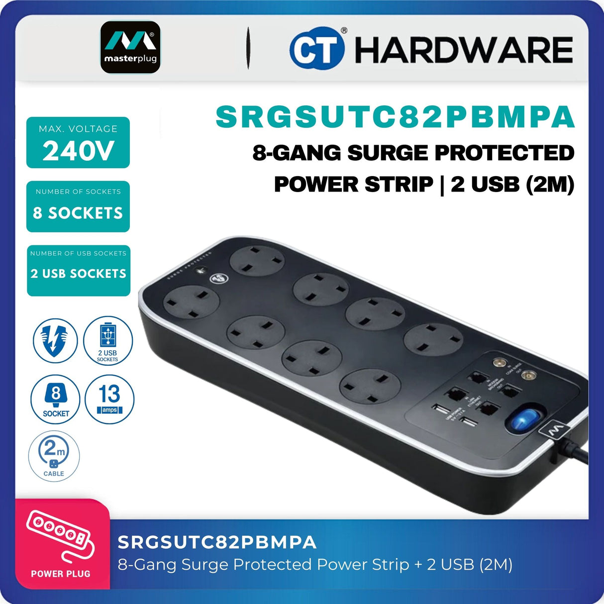Masterplug SRGSUTC82PBMPA 8-Gang Surge Protected Power Strip | 2 USB