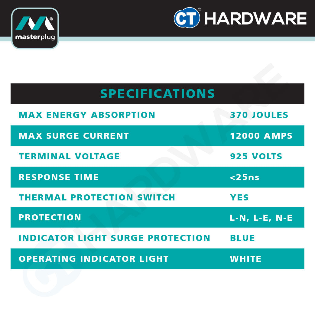 Masterplug SRGTOWSU102PB Tower Surge Protector 10-Gang | 2 USB (2m)