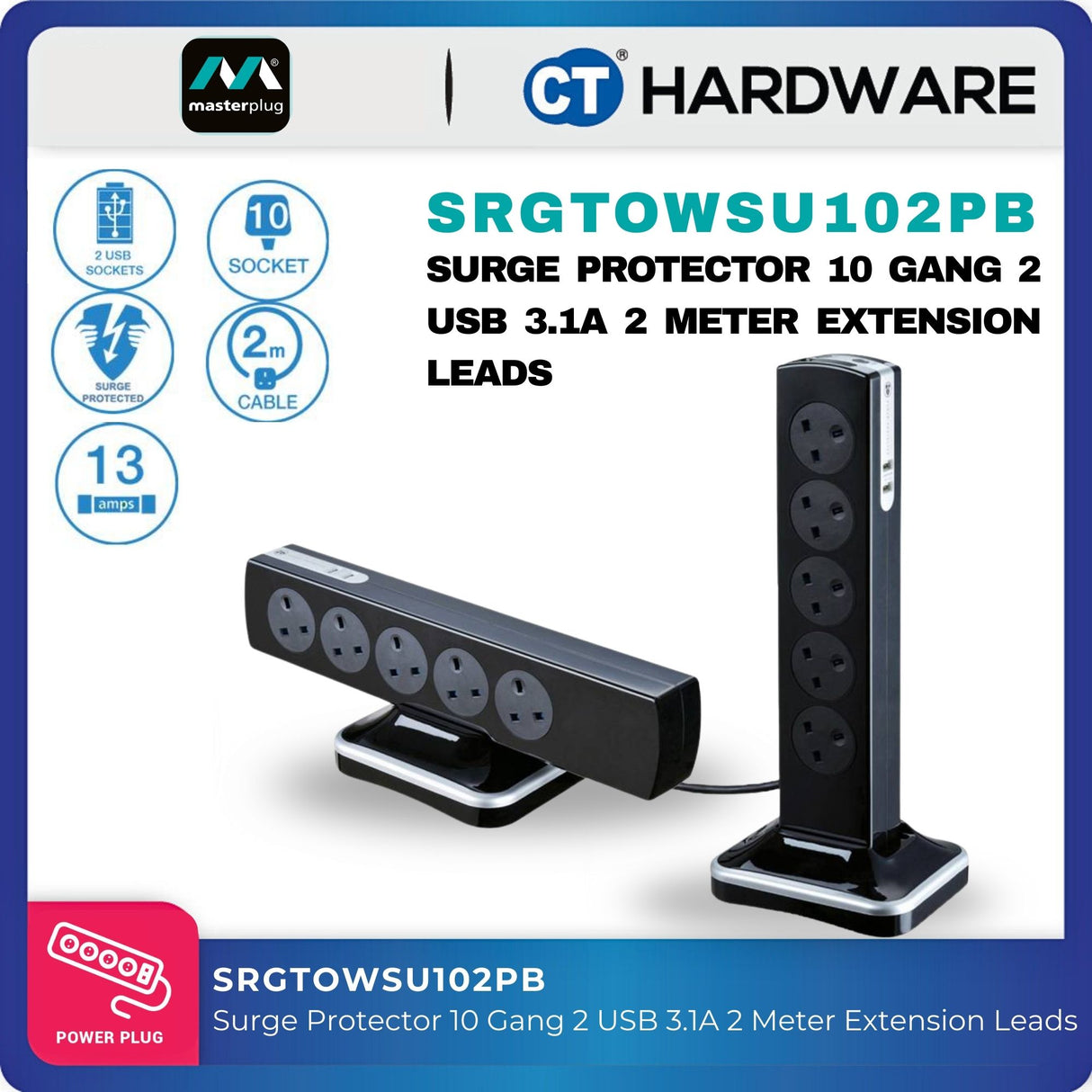 Masterplug SRGTOWSU102PB 10-Gang Tower Surge Protector | 2 USB (2m)