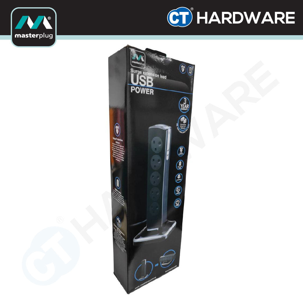 Masterplug SRGTOWSU102PB Tower Surge Protector 10-Gang | 2 USB (2m)