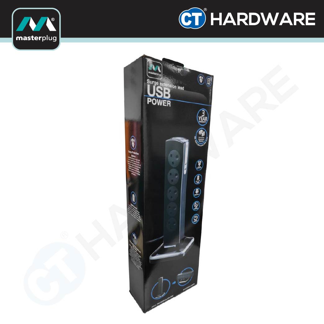 Masterplug SRGTOWSU102PB 10-Gang Tower Surge Protector | 2 USB (2m)