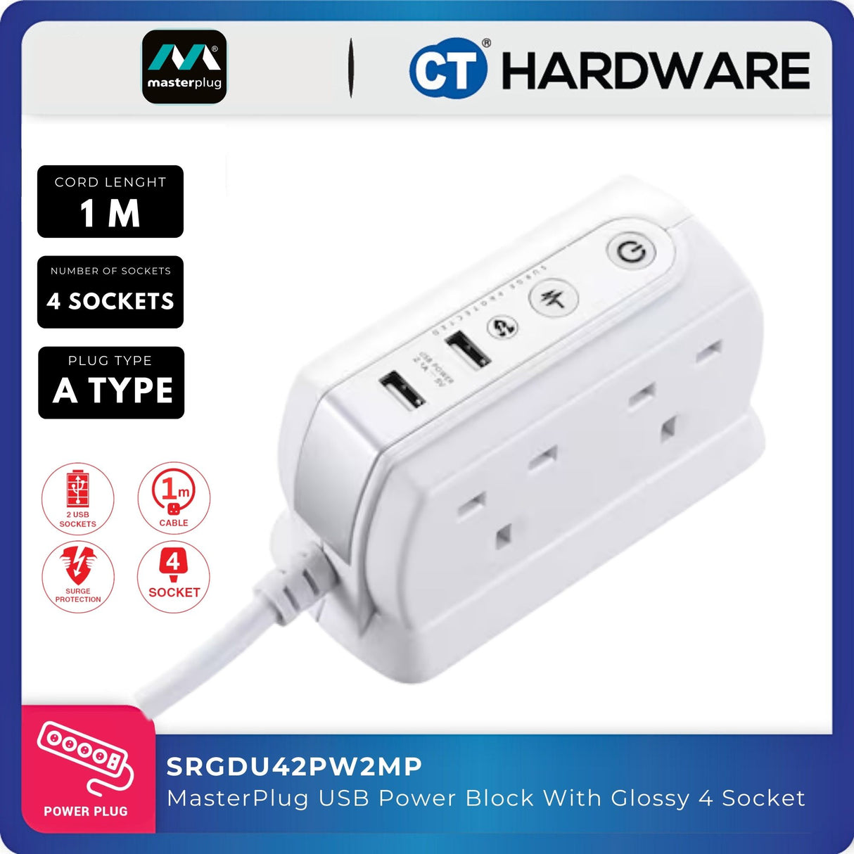 Masterplug 4-Socket Power Block USB Glossy Finish
