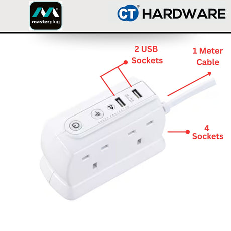 Masterplug 4-Socket Power Block USB Glossy Finish