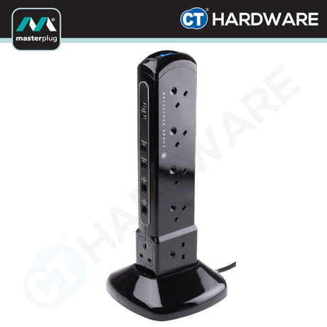 Masterplug SRPTU122PB-MP Tower Surge Protector 12-Sockets | 2 USB | 2m