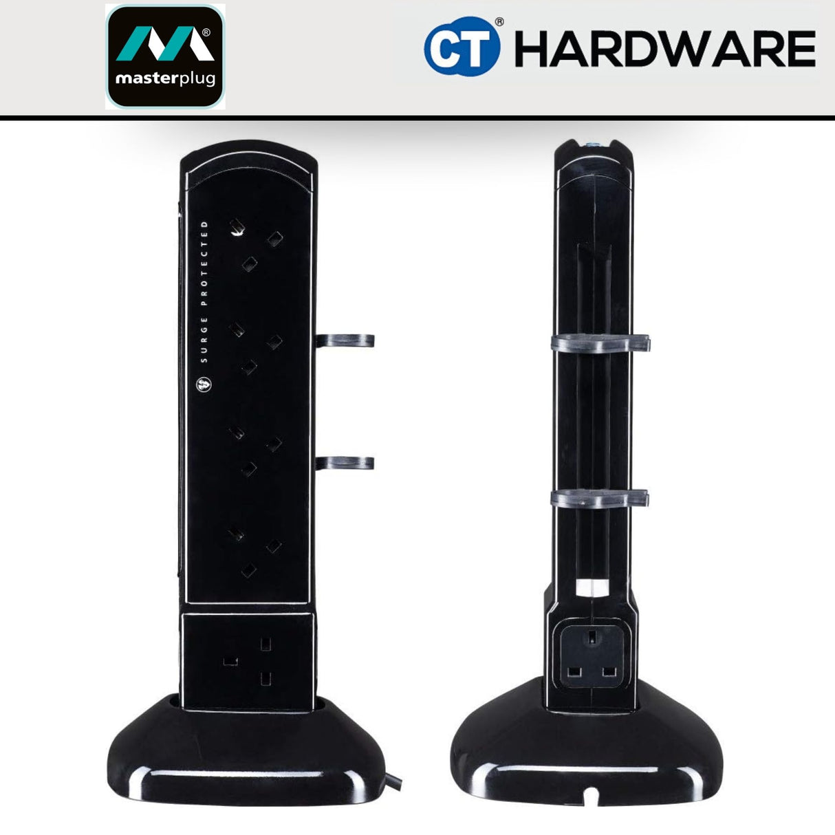 Masterplug SRPTU122PB-MP 12-Sockets Tower Surge Protector | 2 USB (2m)