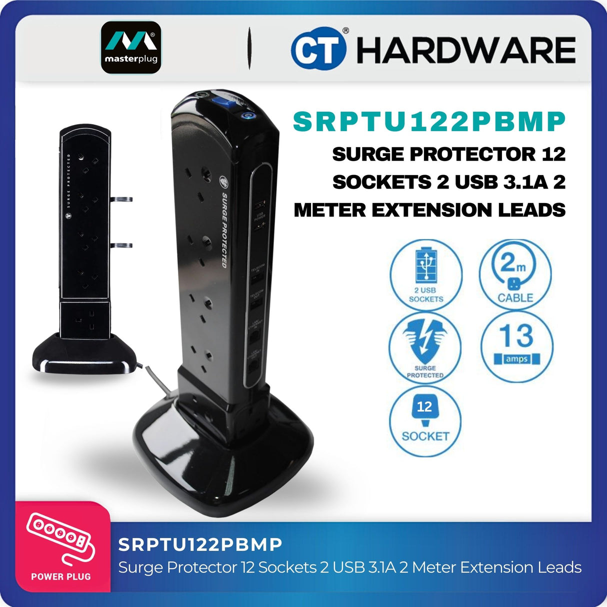 Masterplug SRPTU122PB-MP 12-Sockets Tower Surge Protector | 2 USB (2m)