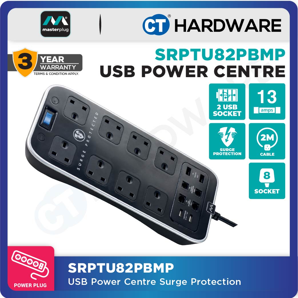 Masterplug SRPTU82PBMP 8 Way Surge Protected USB Power Centre