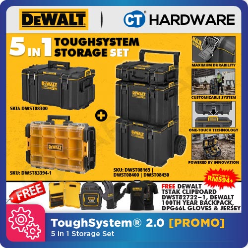 Dewalt 5 in 1 Toughsystem 2.0 Storage Set - 15L (S) | 45L (M) | 59.95L (L) | 64.75L (XL) Tool Box & DS100 Organizer Box + Free Gift [ PROMO ]