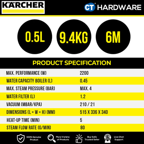 KARCHER SV7 (WHITE) STEAM VACUUM CLEANER 2200W 4 BAR TANK 0.5L