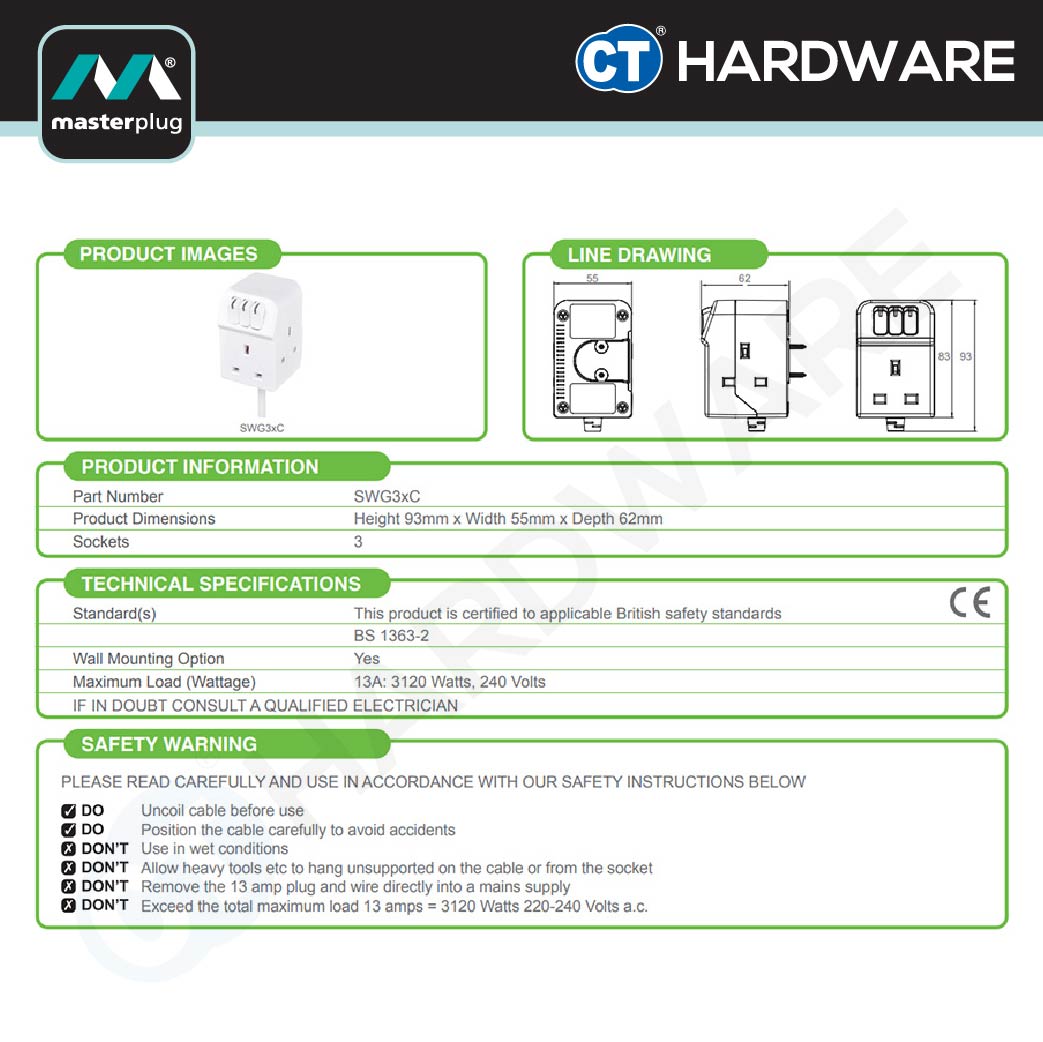 MasterPlug SWG32C Switched Power Extension Lead | 3 Socket