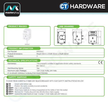 MasterPlug SWG32C Switched Power Extension Lead | 3 Socket