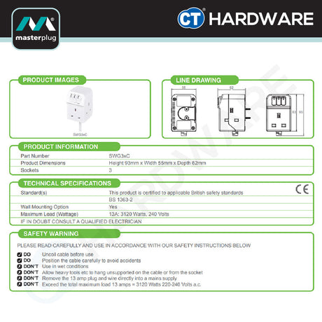 MasterPlug SWG32C Switched Power Extension Lead | 3 Socket