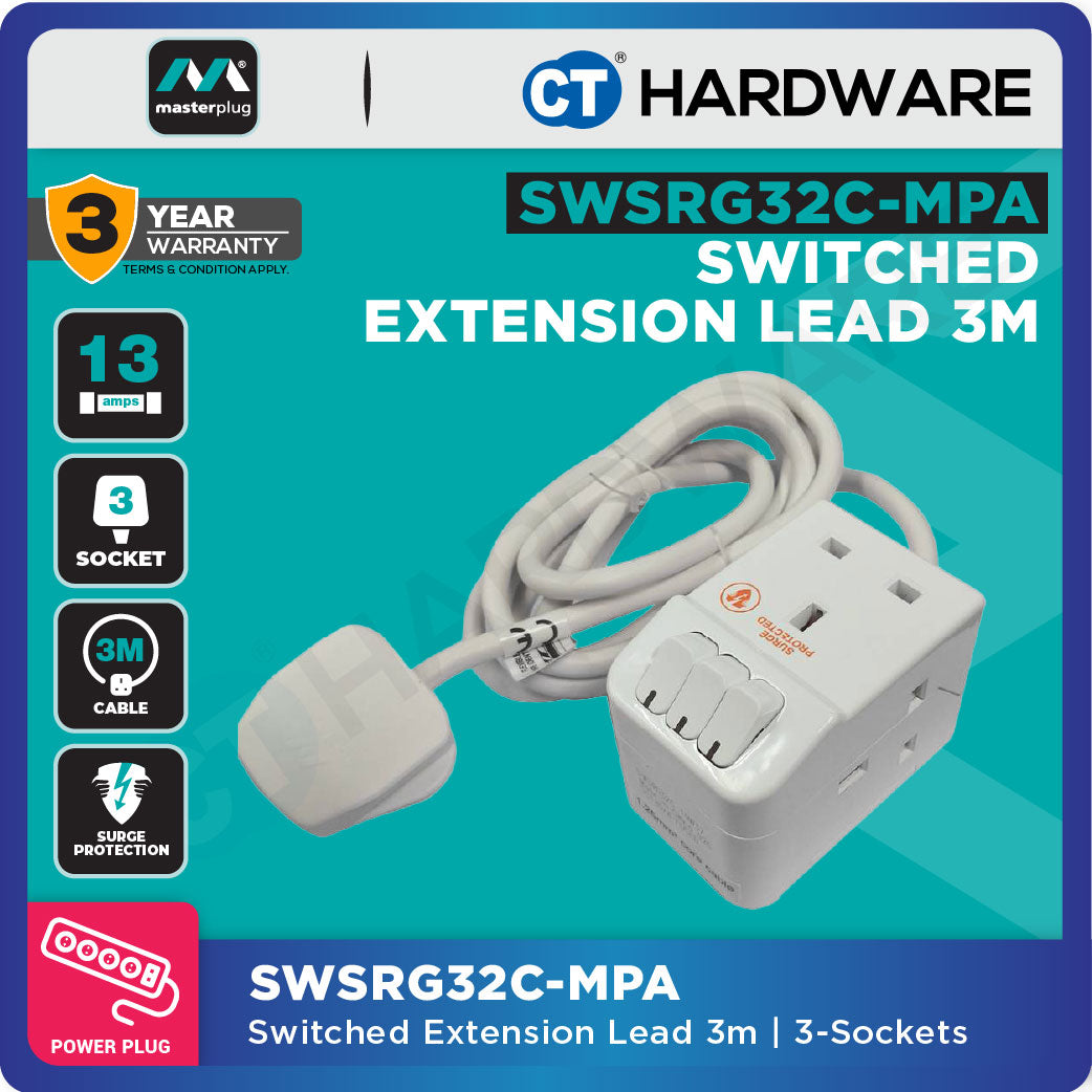 Masterplug 3-Socket Switched Extension Lead 13A – 2m Cable – CT ...