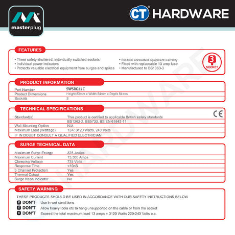 Masterplug SWSRG32C Switched Extension Lead 3m | 3-Sockets | 13A