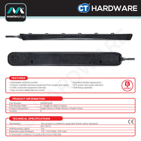 Masterplug SWSRG62NB-MPA Surge Protected Switched Extension Lead 6-Gang | 2m