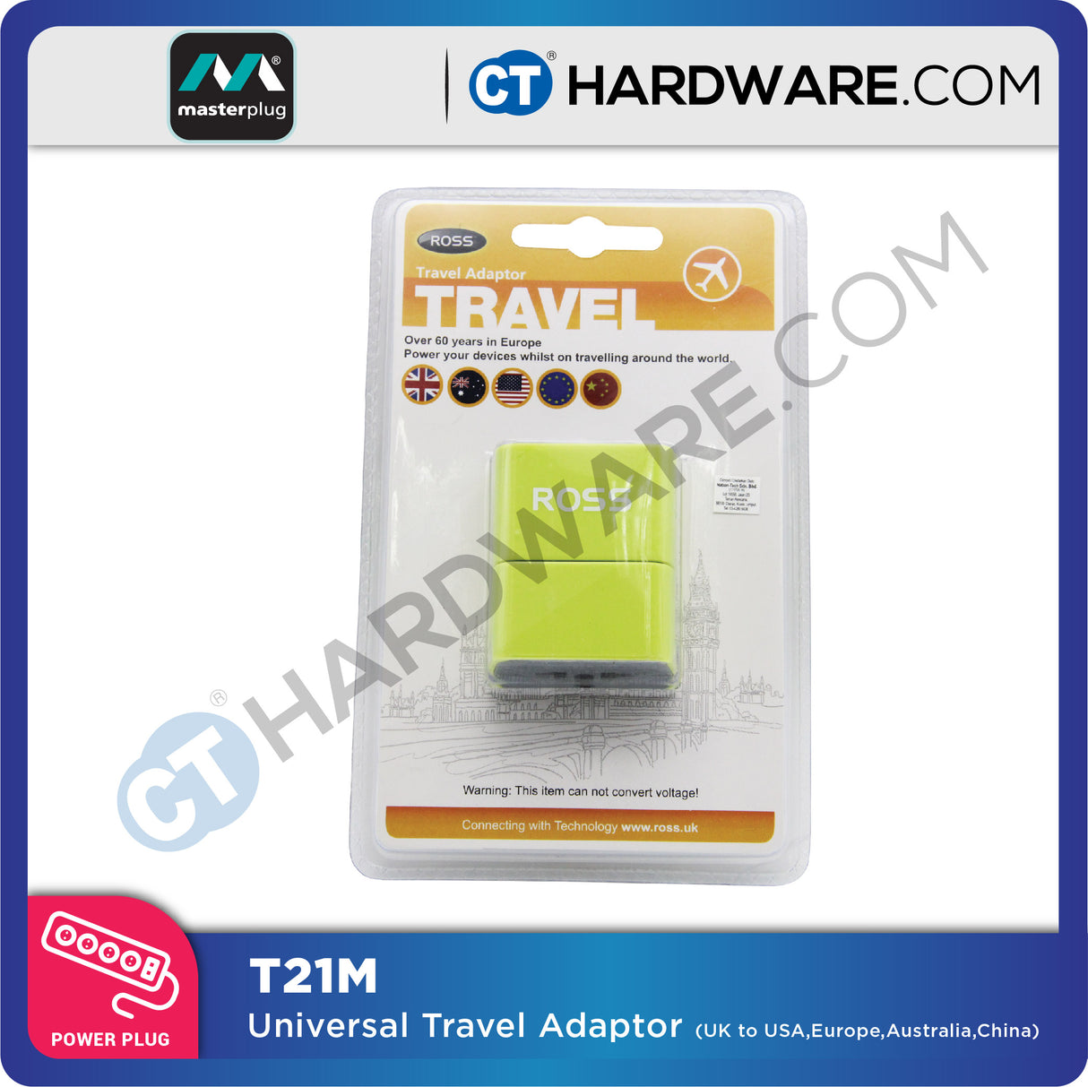 Masterplug T21M Traveller Universal Adaptor – UK to USA/EU/AU/China