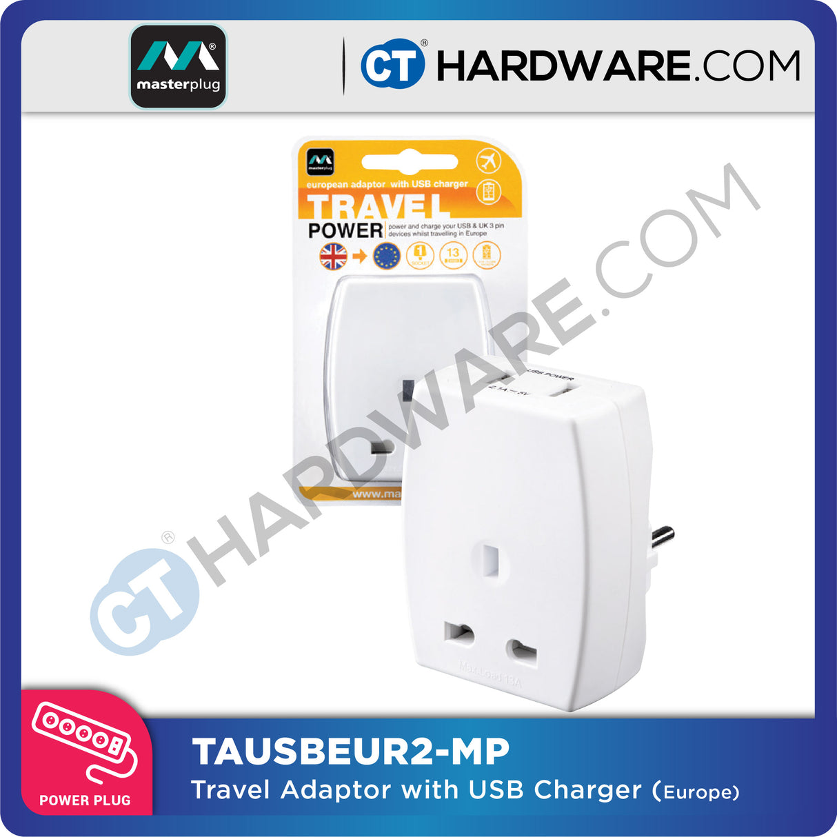 Masterplug Travel Adaptor Europe with USB Charger 13A