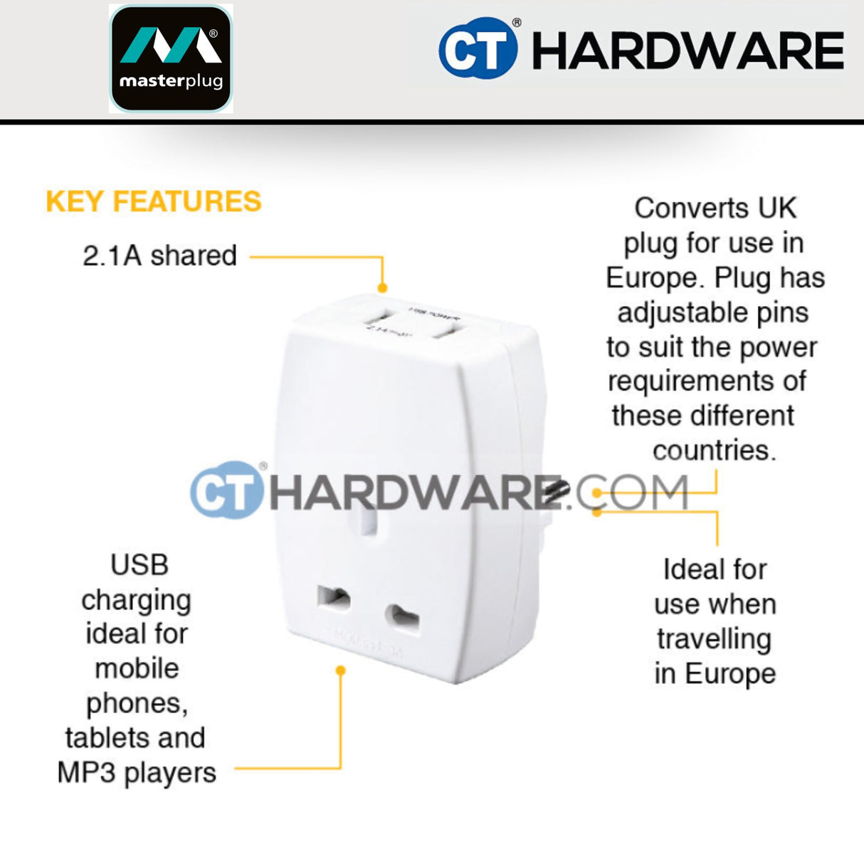 Masterplug TAUSBEUR2MP Travel Adaptor Europe with USB Charger 13A