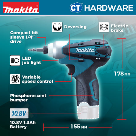 Makita TD090DWE 10.8V Cordless Impact Driver 1/4" 90NM Incl. 2x 1.3Ah Battery, 1x Charger