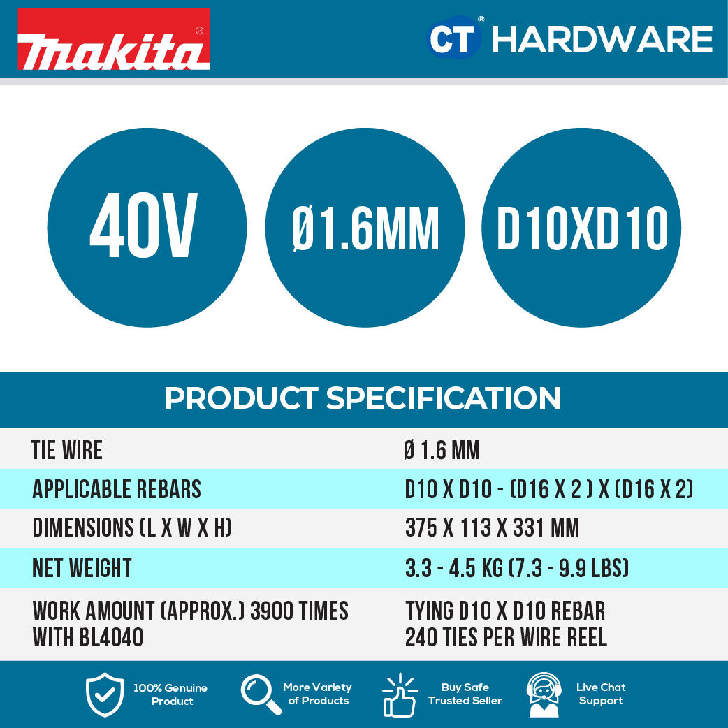 MAKITA TR001GZ CORDLESS REBAR TYING TOOL 40V | 16GA | 1.6MM WITHOUT BATTERY & CHARGER