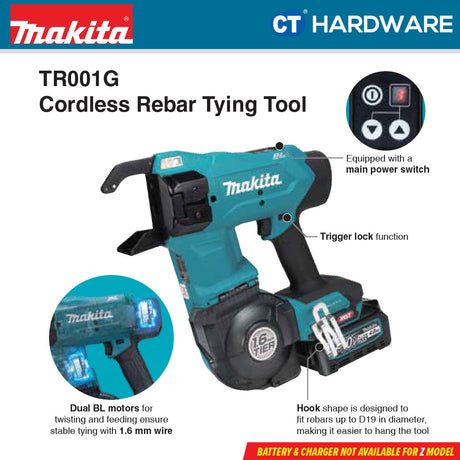 Makita TR001GZ XGT 40Vmax Cordless Brushless Rebar Tying Tool 1.6mm (Body Only)