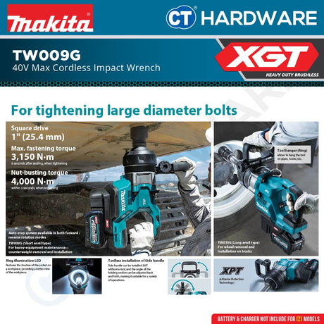 Makita TW009GZ Cordless Impact Wrench 40Vmax | 25.4 mm (1") | 3,150 N·m Without Battery and Charger