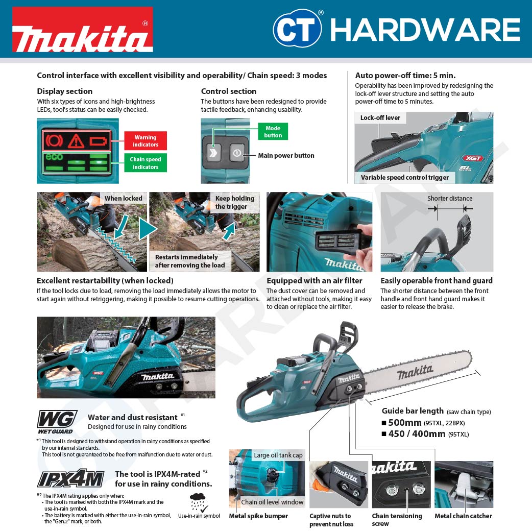 MAKITA UC030GZ 40Vmax CORDLESS CHAIN SAW 400 mm (16") | 450 mm (18") | 500 mm (20") WITHOUT BATTERY AND CHARGER