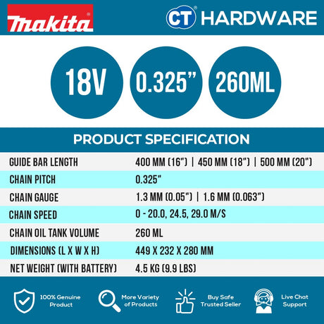 MAKITA UC030GZ 40Vmax CORDLESS CHAIN SAW 400 mm (16") | 450 mm (18") | 500 mm (20") WITHOUT BATTERY AND CHARGER