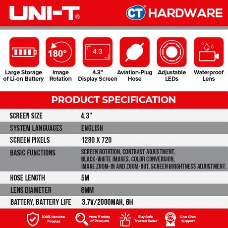 UNI-T UT665P-5M Handheld Industrial Borescope 8mm 5m
