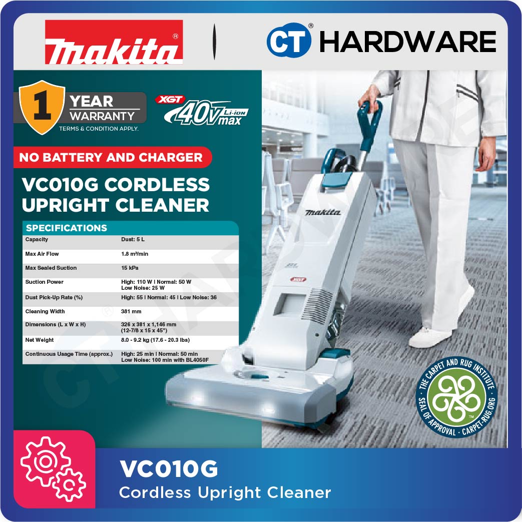 MAKITA VC010GZ CORDLESS UPRIGHT CLEANER 40V 110W 15KPA 1.8M3/MIN 5L DUST WITHOUT BATTERY CHARGER
