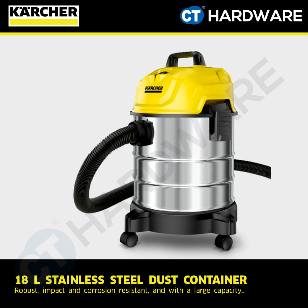 Karcher WD 1S CLASSIC Wet & Dry Vacuum Cleaner 1300W 18l Stainless Steel Tank [WD1SCLASSIC | 10983230]