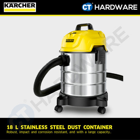 Karcher WD 1S CLASSIC Wet & Dry Vacuum Cleaner 1300W 18l Stainless Steel Tank [WD1SCLASSIC | 10983230]