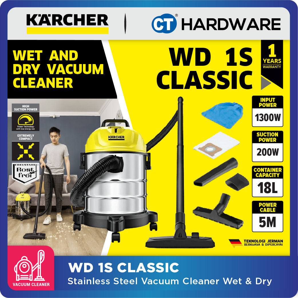 Karcher WD 1S CLASSIC Wet & Dry Vacuum Cleaner 1300W 18l Stainless Steel Tank [WD1SCLASSIC | 10983230]