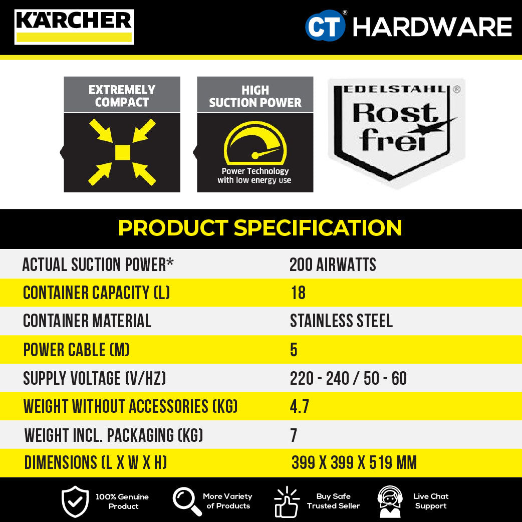 Karcher WD 1S CLASSIC Wet & Dry Vacuum Cleaner 1300W 18l Stainless Steel Tank [WD1SCLASSIC | 10983230]