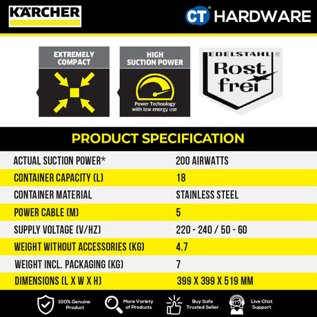 Karcher WD 1S CLASSIC Wet & Dry Vacuum Cleaner 1300W 18l Stainless Steel Tank [WD1SCLASSIC | 10983230]