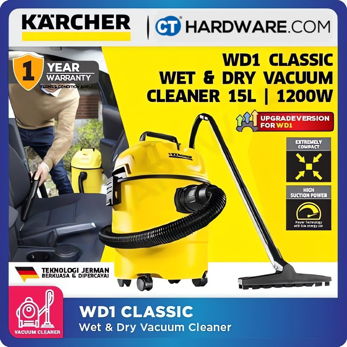Karcher WD 1 CLASSIC Wet & Dry Vacuum Cleaner 1200W 15l [WD1CLASSIC | 10983310]