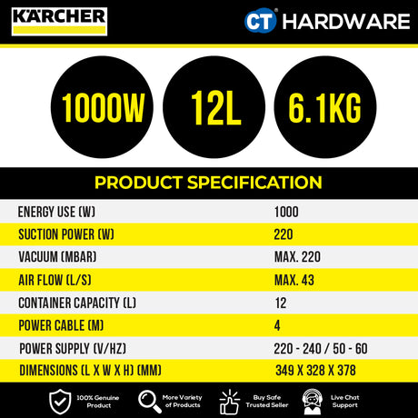 Karcher WD2PLUSV Wet & Dry Vacuum Cleaner 12L 1000W | 16280090 Multi-purpose Vacuum Cleaner High Suction Power Tech