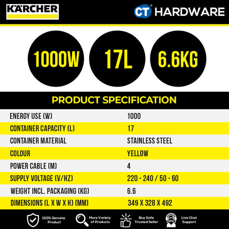 KARCHER WD3SV | WD3V | WD2  Wet & Dry Vacuum Cleaner 1000W | 17L | Stainless Steel Tank | High Suction Power Tech