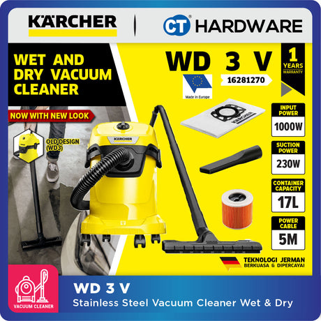 KARCHER WD3SV | WD3V | WD2  Wet & Dry Vacuum Cleaner 1000W | 17L | Stainless Steel Tank | High Suction Power Tech