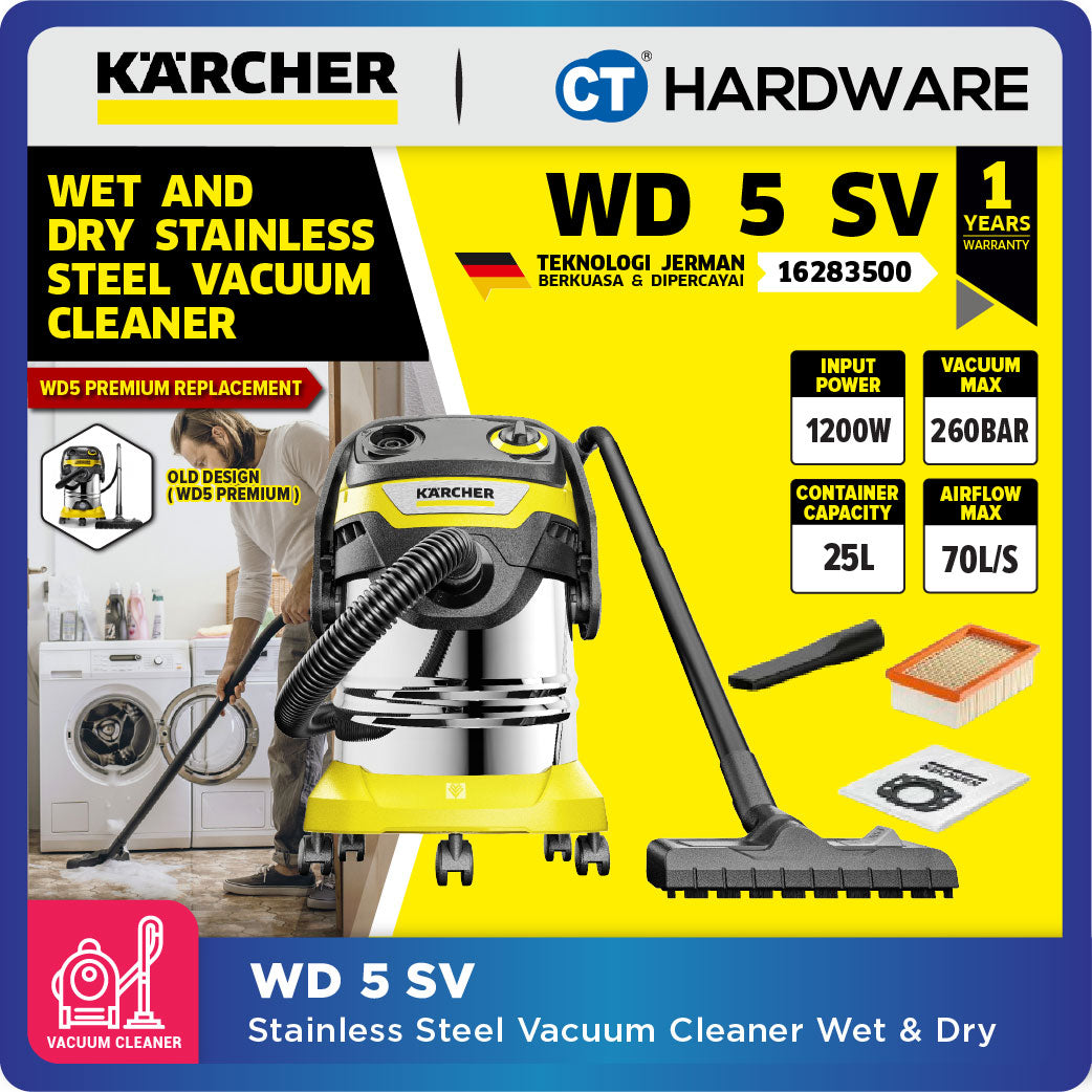 Karcher WD 5 SV Wet & Dry Vacuum Cleaner 1100W 25l Stainless Steel Tank [WD5SV | 16283500]