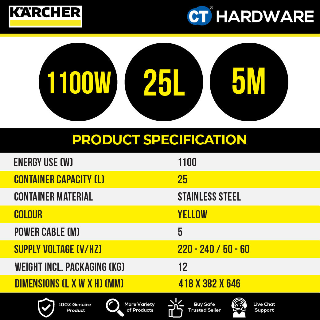Karcher WD 5 SV Wet & Dry Vacuum Cleaner 1100W 25l Stainless Steel Tank [WD5SV | 16283500]