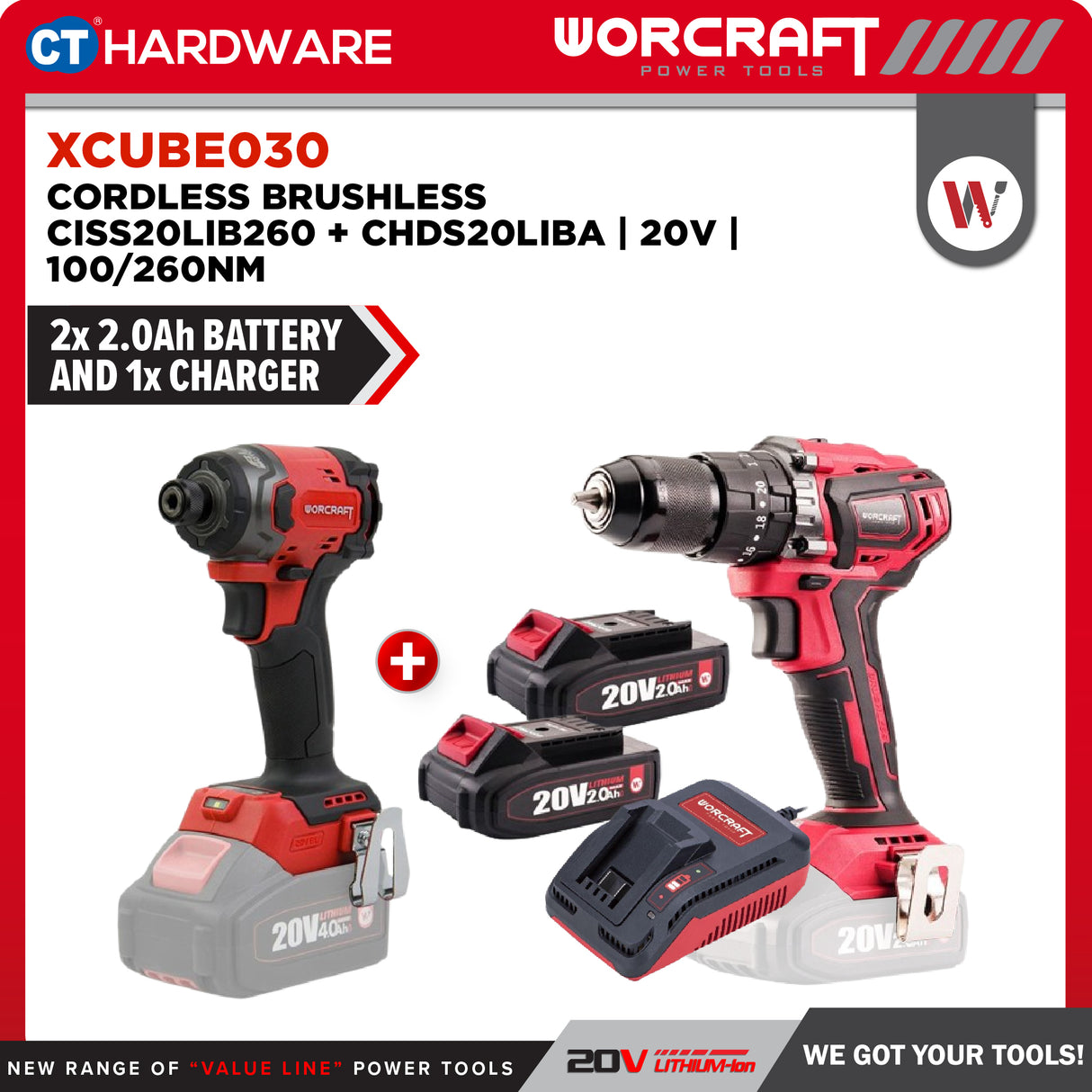 Worcraft XCUBE030 Cordless Brushless CISS20LIB260 + CHDS20LIBA 20V | 100/260NM Come With 2x 2.0Ah Battery 2.0V & 1x Charger