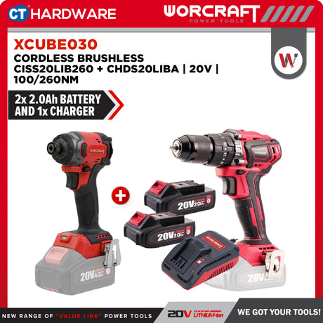 Worcraft XCUBE030 Cordless Brushless CISS20LIB260 + CHDS20LIBA 20V | 100/260NM Come With 2x 2.0Ah Battery 2.0V & 1x Charger