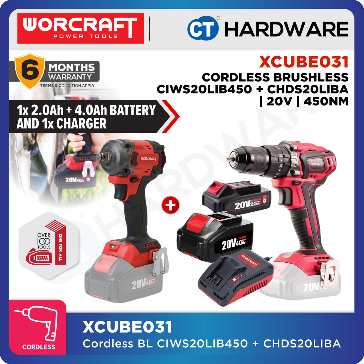 Worcraft XCUBE031 Cordless Brushless CIWS20LIB450 + CHDS20LIBA 20V | 100/260NM Come With 1x 2.0Ah & 4.0Ah Battery 2.0V & 1x Charger