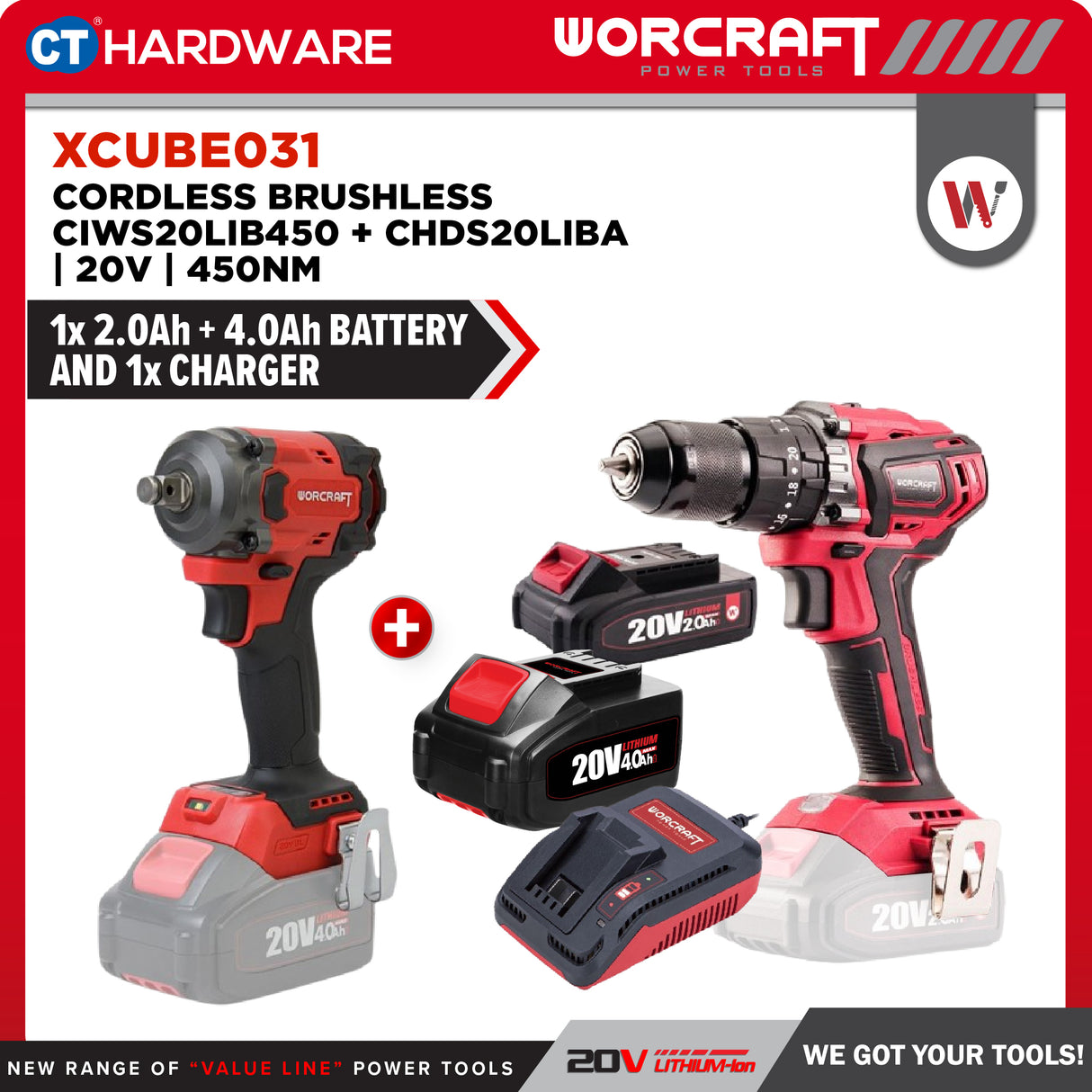 Worcraft XCUBE031 Cordless Brushless CIWS20LIB450 + CHDS20LIBA 20V | 100/260NM Come With 1x 2.0Ah & 4.0Ah Battery 2.0V & 1x Charger