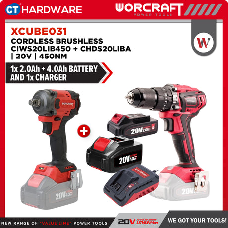 Worcraft XCUBE031 Cordless Brushless CIWS20LIB450 + CHDS20LIBA 20V | 100/260NM Come With 1x 2.0Ah & 4.0Ah Battery 2.0V & 1x Charger
